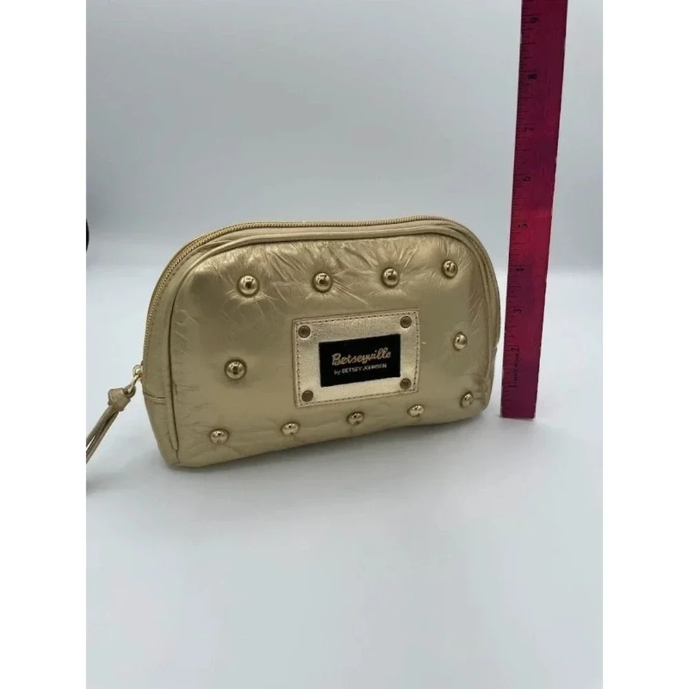 Betseyville Betsey Johnson Gold Metallic Studded Cosmetic Makeup Bag Y2K